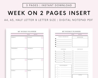 Weekly Planner Printable, Hourly Planner, Week on 2 pages WO2P, Weekly Schedule, Undated Planner, 2023 Weekly Organizer, To Do List