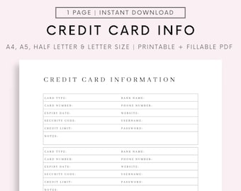 Credit Card Information Tracker Printable & Fillable, Credit Card Organizer, Credit Card Log, A4/A5/Letter/Half Size, Instant Download PDF