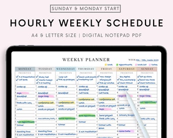 Digital Weekly Schedule for Goodnotes, 24/7 Weekly Timetable, Hourly Agenda, 1 Page Notepad, Fillable Fields Planner PDF, Hourly Weekly
