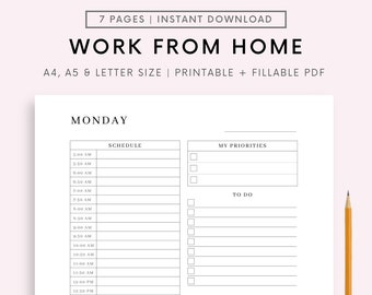 Work From Home Planner, Personal Daily Planner, Productivity Planner, Daily Hourly Planner, Instant Download, A5/A4/Letter/Half Letter