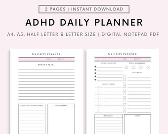 Printable ADHD Daily Planner in Various Different Sizes, Instant Download PDF Printable, ADHD Productivity Planner, To Do List Digital Print