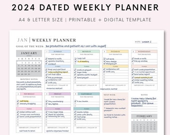 2024 Dated Weekly Planner Printable Landscape, Minimalist Weekly Schedule, Week At a Glance, Weekly Organizer, Office Planner, To Do List