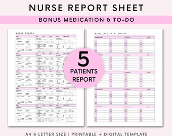 5 Patient Report Sheet & Hourly Planner, Nurse Report Sheet ICU Nurse Brain Sheet Med Surg, Nursing Student RN Report Sheet, A4-Letter, PDF