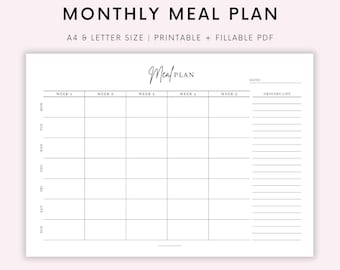 Maandelijkse maaltijdplanner afdrukbaar landschap, 30 dagen menuplanner, voedselplanner, gezondheid en fitness, A4/brief