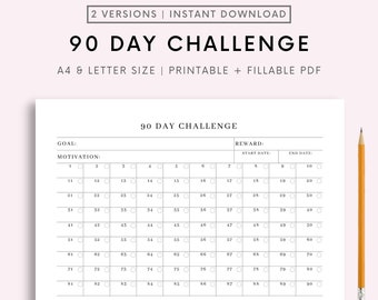 90 Day Challenge, Goal Setting, Goal Progress Tracker, Habit Forming, A4/A5/Letter, Printable & Fillable PDF, Landscape, Instant Download