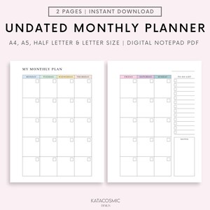 Undated Monthly Planner Printable Month on Two Pages Month - Etsy