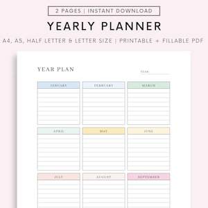 Editable Yearly Planner, Printable Yearly Overview on One Page, Year At a Glance, Undated Minimalist Planner, Calendar Template, Annual Plan