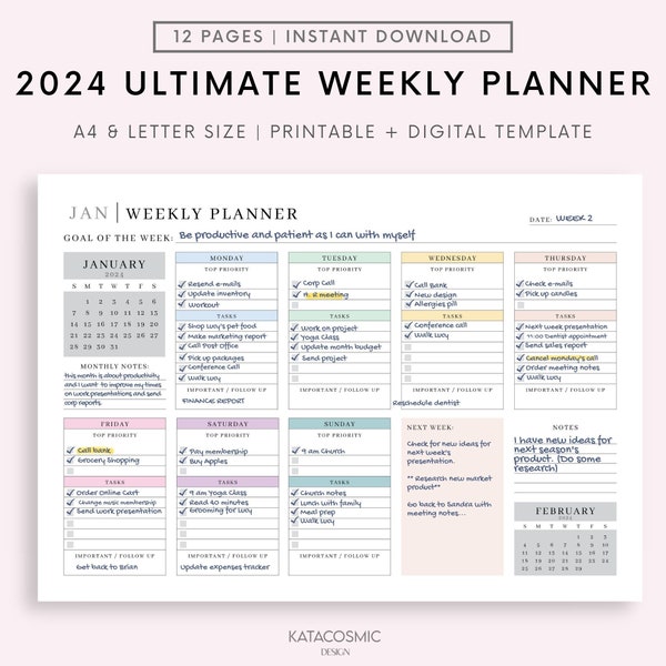 2024 Wochenplaner Druckbare Landschaft, Minimalistischer Wochenplan, Woche auf einen Blick, Wochenplaner, Büroplaner, To Do Schreibtischplaner