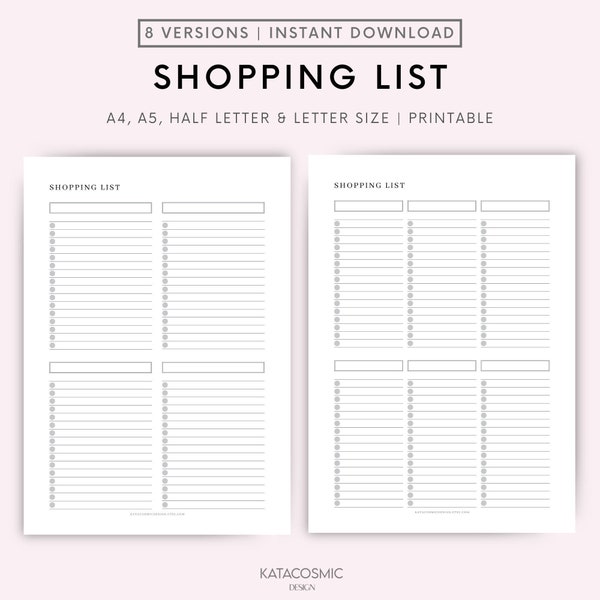 Druckbare Einkaufsliste Vorlage, Einkaufsliste, Artikel Checkliste, Lebensmittelliste, Einkaufsplan, A4/A5/Letter/halbe Größe, Instant Download PDF