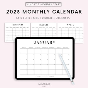 2023 Digital Monthly Planner, Printable Calendar Landscape Planner, iPad Planner, Month at a Glance, Minimalist Calendar Sunday Monday Start