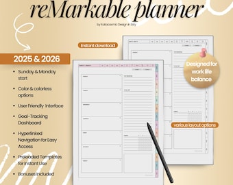 Planificador definitivo Remarkable Paper Pro para 2025 y 2026, Cuaderno vinculado para Remarkable Paper Pro, Remarkable 2 / Plantillas para tomar notas
