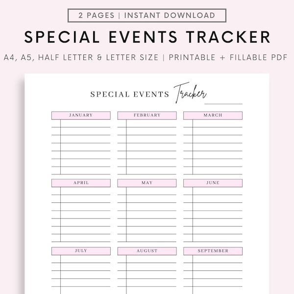 Yearly important dates tracker printable, Fillable Important Dates Planner, Key Dates Template, Special Events PDF file, Birthday Tracker