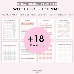 May include: Printable weight loss journal with 18 pages. The journal includes sections for body measurements, fitness goals, weekly fitness, vitamins and supplements, exercise log, and a 100-mile challenge.