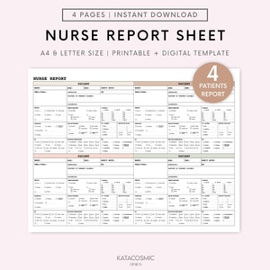 4 Patient Nurse Report Sheet, Med Surg Report Sheet, Multi Patient, ICU Report Sheet, Printable, Nursing Brain, Nursing Handoff, PDF