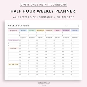 Half Hour Weekly Planner EDITABLE Weekly Schedule, Daily Planner, Undated Planner, 2024 Weekly Organizer, To Do List printable, Adhd
