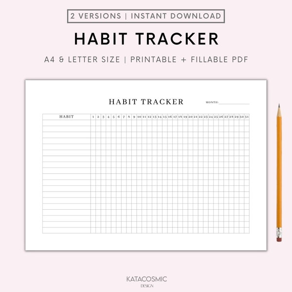 Monthly Habit Tracker Printable Landscape, Habit Tracker Template, Routine Tracker, 30 Day Habit Challenge, A4/Letter, Instant Download