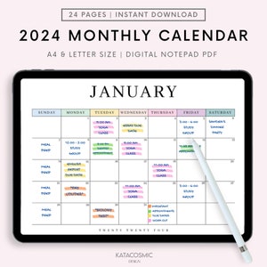 Digitaler 2024 Monatskalender für Goodnotes, Tischkalender, Minimalistischer Kalender, 1 Seite Notizblock, iPad Jahreskalender Vorlage, Montag Start Bild 1
