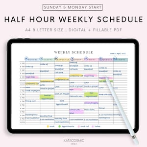 Half Hour Weekly Schedule Landscape, Weekly Planner Printable, Week At a Glance, Weekly Agenda, Desk Planner, Weekly To Do List, A4/Letter