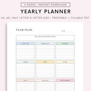 Editable Yearly Planner, Printable Yearly Overview on One Page, Year At a Glance, Undated Minimalist Planner, Calendar Template, Annual Plan