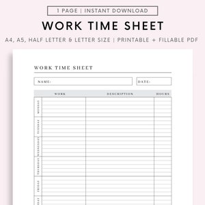 Feuille de temps des employés imprimable Modèle numérique modifiable, carte de temps imprimable, suivi des horaires de travail, journal de travail, feuille de pointage des employés