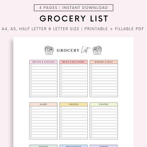 Grocery List Printable Template, Grocery Planner, Food Shopping List, A4/A5/Letter/Half Size, Instant Download PDF