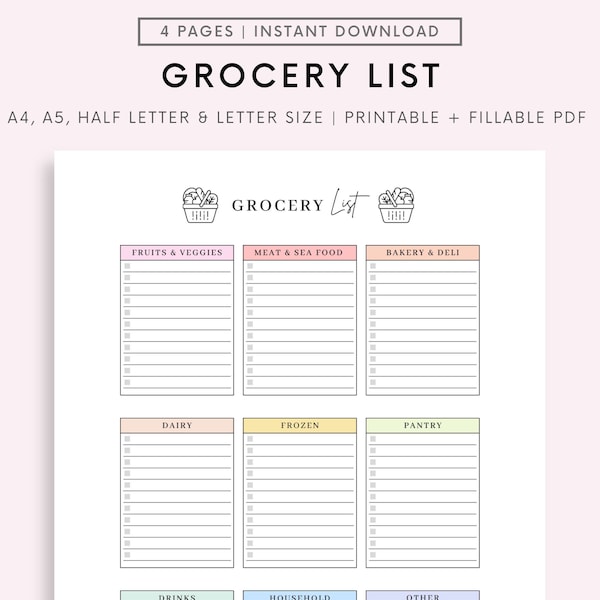 Grocery List Printable Template, Grocery Planner, Food Shopping List, A4/A5/Letter/Half Size, Instant Download PDF