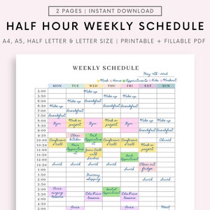 Simple Half Hour Weekly Schedule, Weekly Planner Printable, Weekly To Do List, Weekly Agenda, Sunday & Monday Start, A4 A5 US Letter