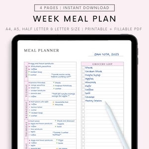 May include: A printable meal planner with a pink and blue color scheme. The planner includes a grocery list, meal planner for each day of the week, and notes section. The planner is titled "Week Meal Plan" and includes the date "Jan 10th, 2023".