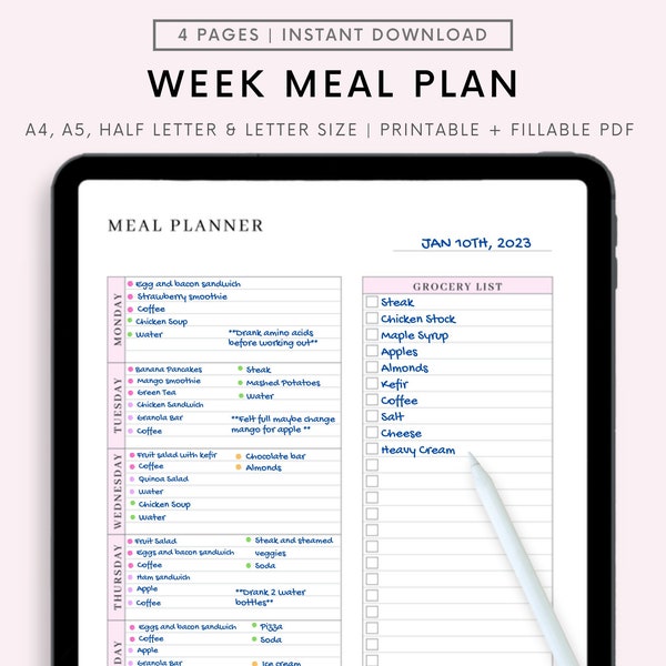 Digital Meal Planner for Goodnotes, Blush Pink, Undated Weekly Meal Planner, 1 Page Notepad, Fillable Fields Planner PDF, Notability