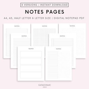 Strona notatek do druku, szablon notatek w linie, robienie notatek, papier do pisania, wkładka do terminarza notatek, format A4/A5/letter/połowa, natychmiastowe pobieranie PDF