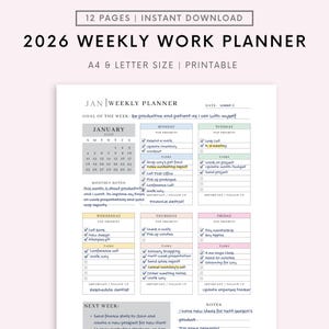Könnte beinhalten: Ein druckbarer Wochenarbeitsplaner 2026 im A4- und Letter-Format. Der Planer enthält einen Januar 2026 Kalender, tägliche Aufgabenlisten und Platz für Notizen. Das Design ist sauber und organisiert, mit Fokus auf Produktivität.