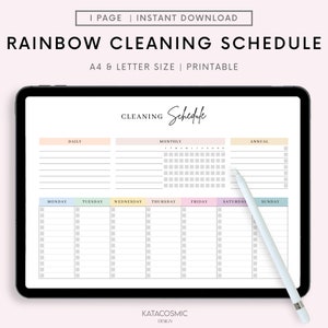 May include: A printable cleaning schedule with a rainbow colour scheme. The schedule is divided into daily, monthly, and annual sections. Each section has a checklist for tasks. The schedule is labelled "Cleaning Schedule" and "Katcosmic Design".