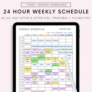 Weekly Schedule, Printable Weekly Timetable, Weekly Organizer, Blank Weekly Scheduler, Hourly Agenda, Time Blocking Template PDF, A4 A5 HALF