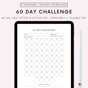 60 Day Challenge, Goal Setting, Goal Progress Tracker, Habit Forming, A4/A5/Letter, Printable & Fillable PDF, Vertical, Instant Download