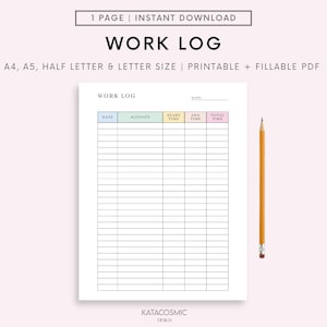 Printable Work | Time Log and Tracker | Activity Hours Log Printable | Digital Download Working Hours Log | Activity Tracker for Work
