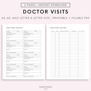 Doctor Visits Tracker Printable Template, Doctor Appointment Log, Medical Specialist Visit, Health Tracker, A4/A5/Letter/Half Size