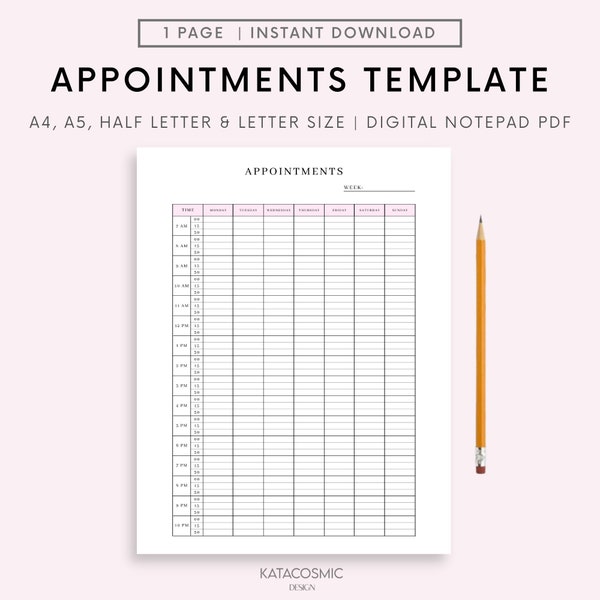 Printable appointment book, Print at home Timeslot booking template for small business, 15 minute interval weekly appointment list