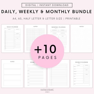 May include: A printable daily, weekly, and monthly planner bundle with 10 pages. The bundle includes a daily planner, weekly planner, monthly planner, and year planner. The pages are designed in black and white with a minimalist aesthetic.