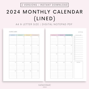 2024 Monthly Lined Calendar Printable, Dated Month on 2 Pages, 2024 Calendar, Month At a Glance, A4/A5/Letter/Half, Instant Download