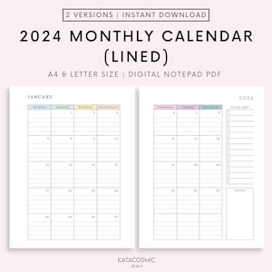 Calendario mensual forrado 2024 imprimible, mes fechado en 2 páginas, calendario 2024, mes de un vistazo, A4/A5/Carta/Mitad, Descarga instantánea