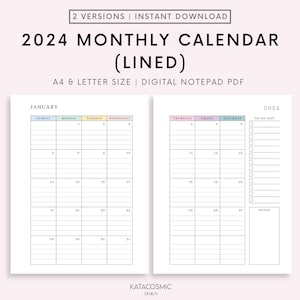 Calendrier mensuel ligné 2024 imprimable, mois daté sur 2 pages, calendrier 2024, mois en un coup dœil, A4/A5/Lettre/Demi, Téléchargement instantané image 1