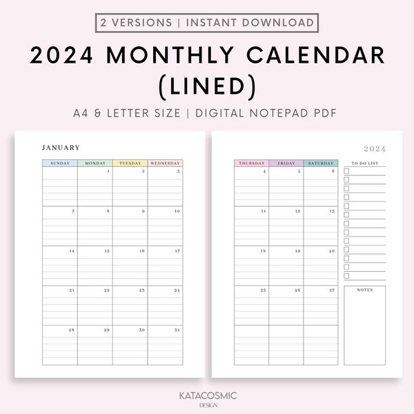 Two Page Monthly Calendar Lines Notes 2023 2024 Etsy