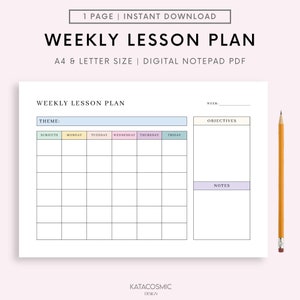 Puede incluir: Una plantilla de plan de lección semanal imprimible en formato PDF. La plantilla incluye secciones para la semana, el tema, las asignaturas, los objetivos y las notas. Los días de la semana están codificados por colores.