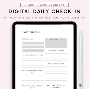Daily check in journal, Daily gratitude journal printable, Daily reflection planner, Check in template, Digital diary, self care Planner