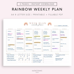 Peut inclure: Un planificateur hebdomadaire imprimable avec un design arc-en-ciel. Le planificateur comprend des sections pour le lundi au dimanche, avec de l'espace pour les tâches quotidiennes et les notes. Le planificateur comprend également une section pour les habitudes et les tâches, avec des cases à cocher pour chaque élément. Le planificateur est intitulé "Rainbow Weekly Plan" et comprend le texte "Semaine 4, janvier".
