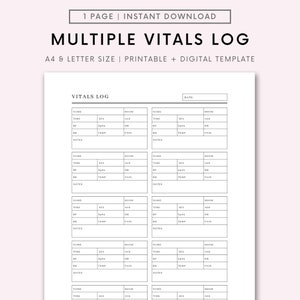 May include: Printable vital signs log template with space for patient name, room number, time, sex, age, blood pressure, oxygen saturation, temperature, pain level, and notes. The template is designed for multiple patients and includes a date field.