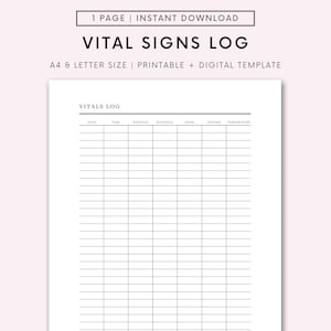 Printable Vitals Log, Blood Pressure Log, Vital signs Sheet, Vital sign sheet Vitals Log, Vital Signs Template, Vitals Tracker