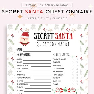 Christmas Secret Santa Questionnaire Invitation, Gift Exchange Form, Gift Ideas List, Secret Santa Questions, Holiday Gift Questionnaire