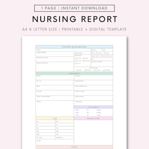 Printable Nursing Report Sheet, Nurse Brain Sheet, Single Patient Reporting Template, ICU Nurses resources, Med Surg, A4 and US Letter
