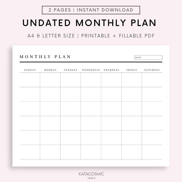 Undated Monthly Planner Printable Landscape, Monday & Sunday Start, Ink Friendly Minimalist Design, Instant Download, A4/Letter